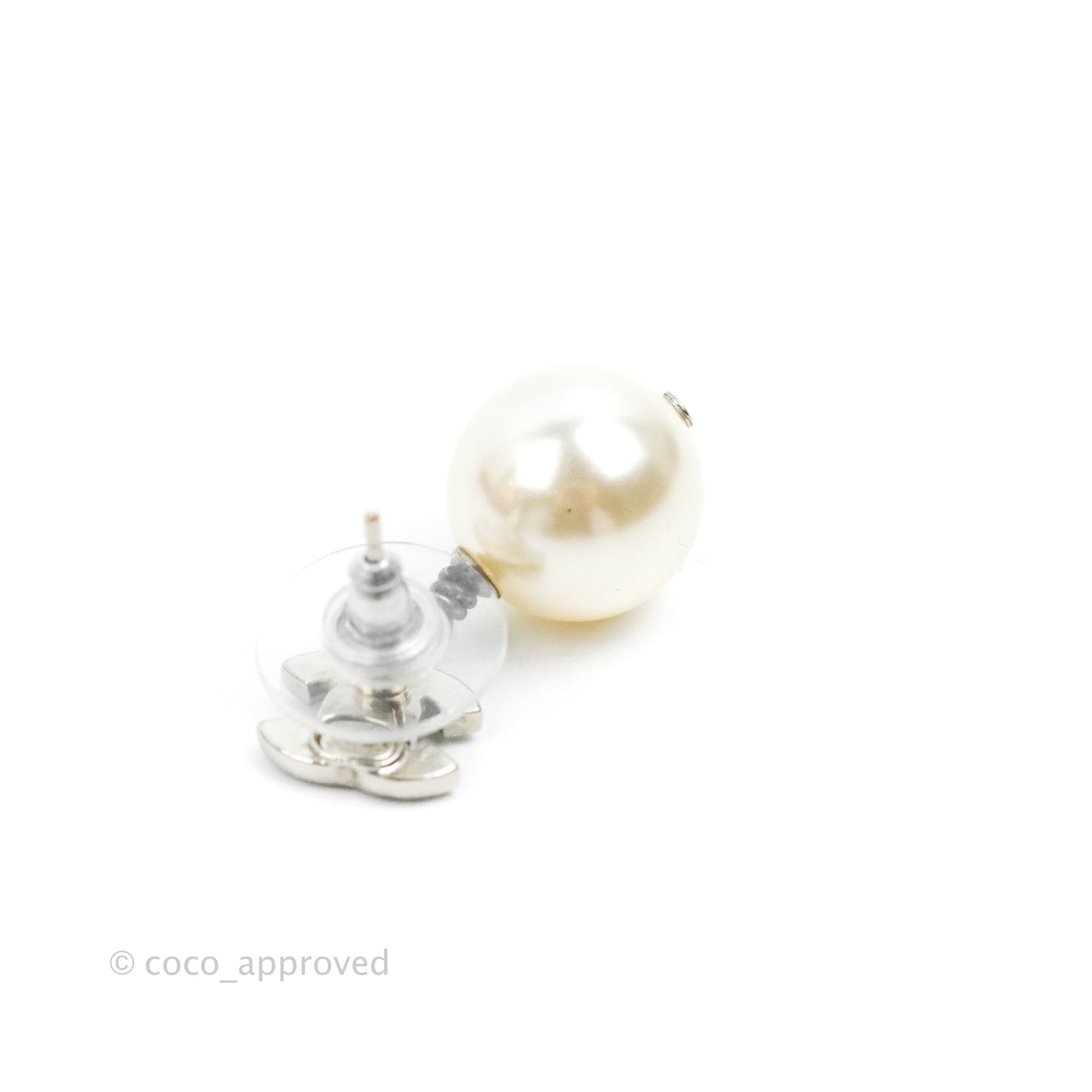 Chanel CC Crystal Pearl Drop Earrings Silver Tone 19V