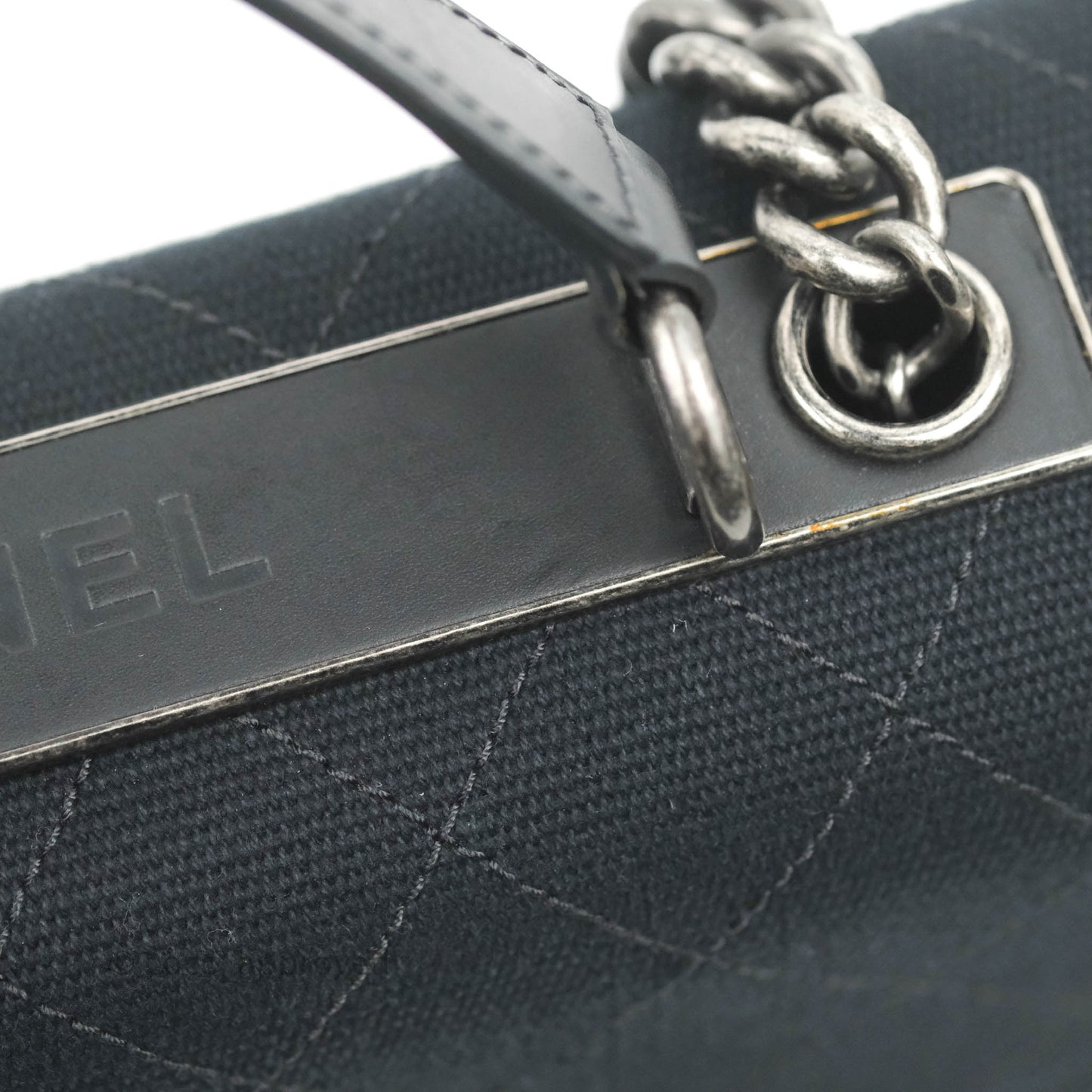Chanel Quilted CC Top Handle with Chain Dark Navy Fabric Ruthenium Hardware 15P