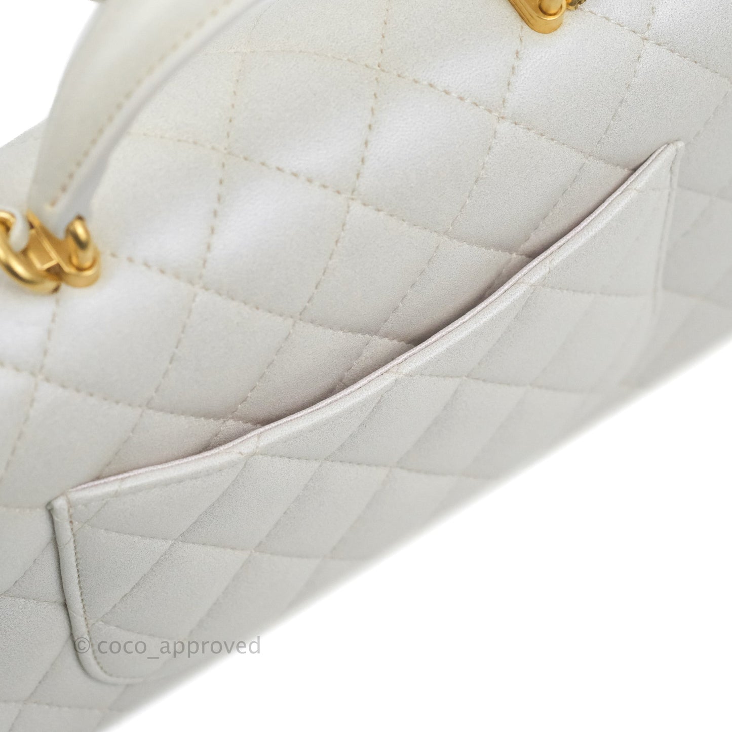 Chanel Top Handle Mini Rectangular Flap Bag Iridescent White Lambskin Aged Gold Hardware