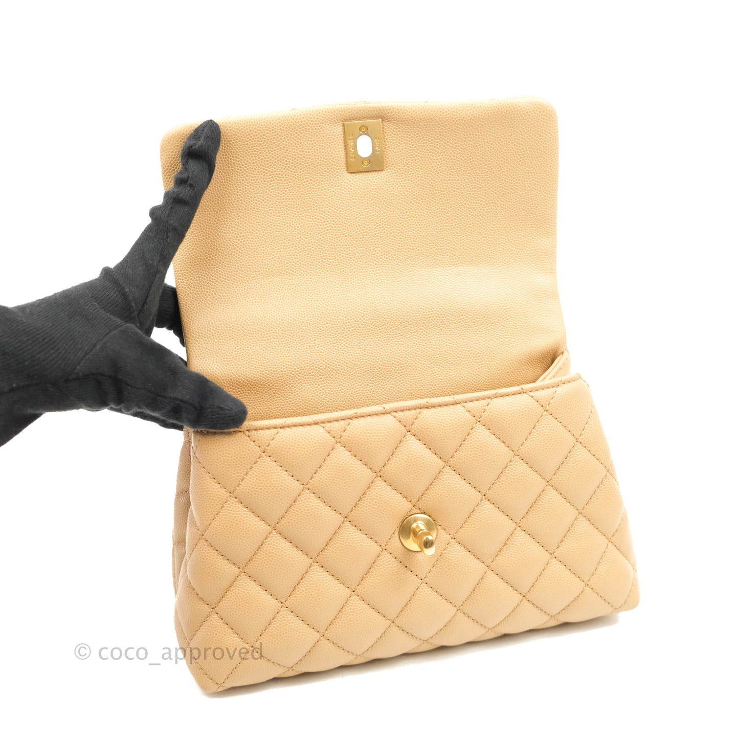 Chanel Small Coco Handle Quilted Beige Caviar Gold Hardware Lizard Embossed Handle