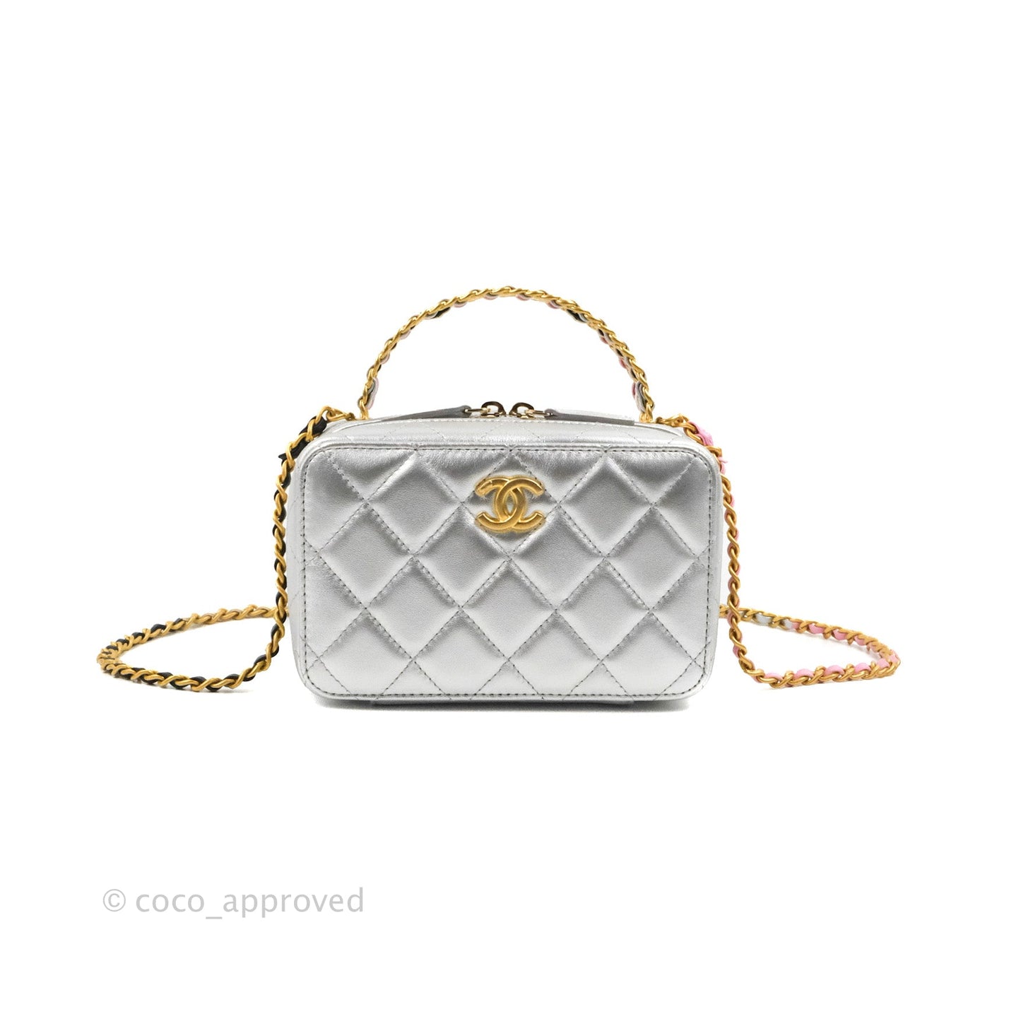 Chanel Rainbow Top Handle Vanity Case Metallic Silver Lambskin Aged Gold Hardware 23P