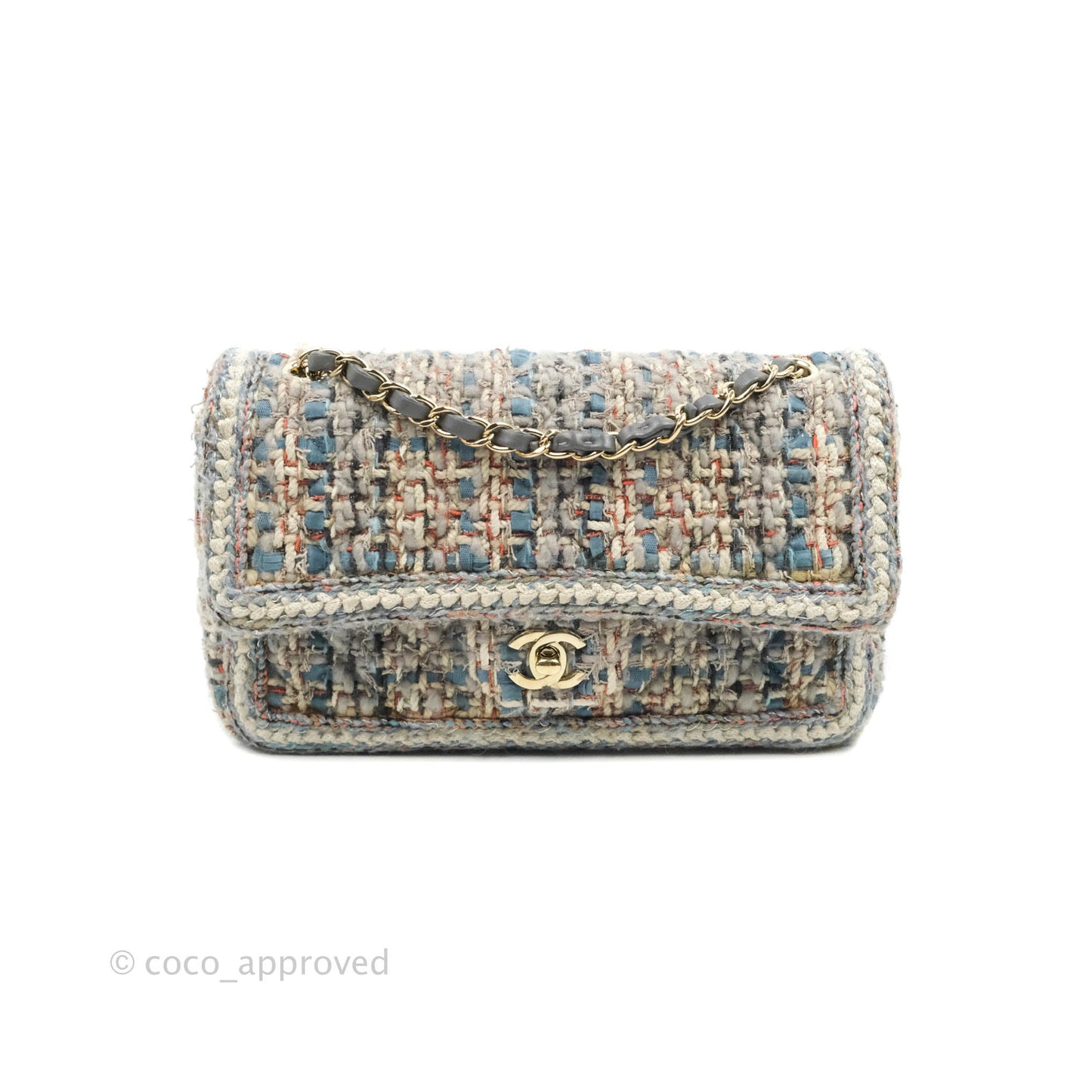 Chanel M/L Medium Single Flap Grey Tweed Braided Gold Hardware