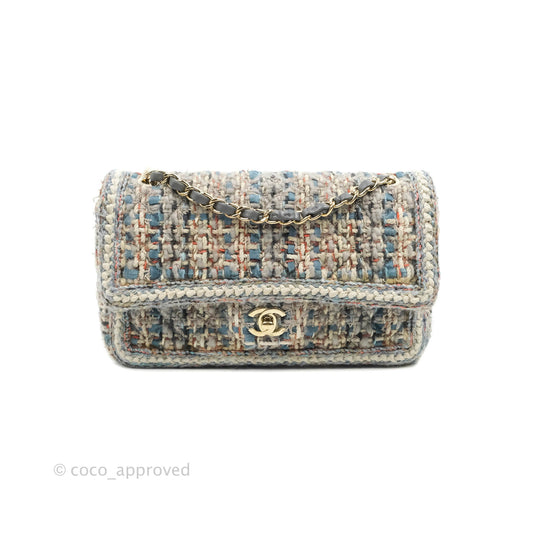 Chanel M/L Medium Single Flap Grey Tweed Braided Gold Hardware