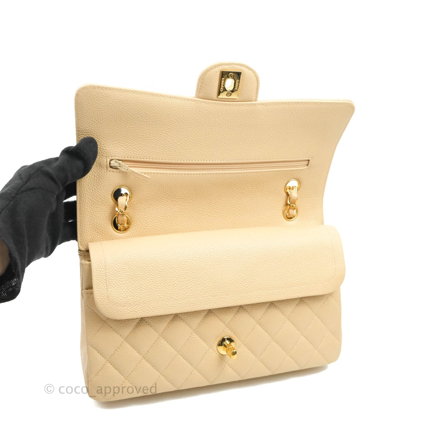 Chanel Classic M/L Medium Flap Quilted Beige Caviar Gold Hardware