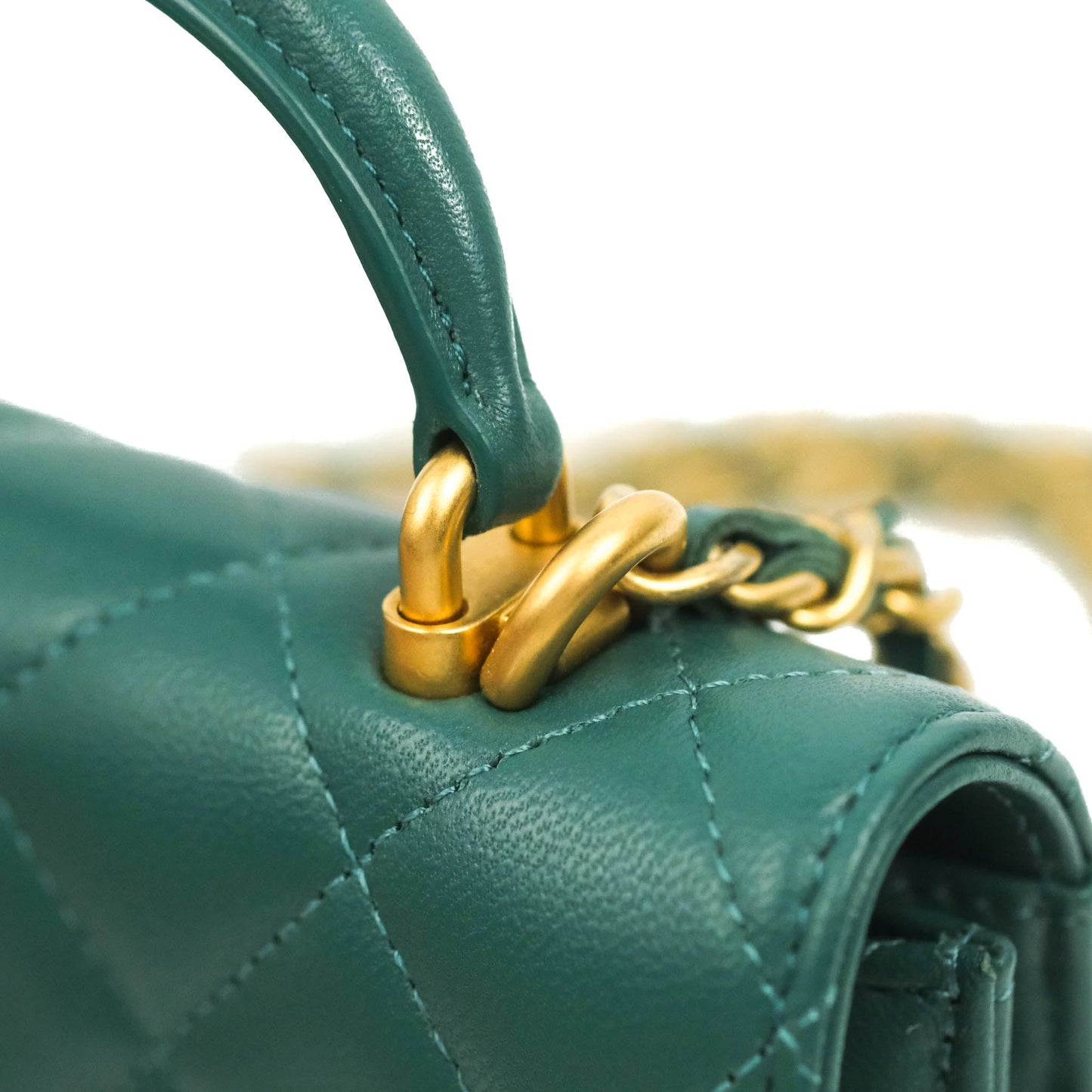 Chanel Mini Handle Flap Coin Purse With Chain Green Lambskin Gold Hardware
