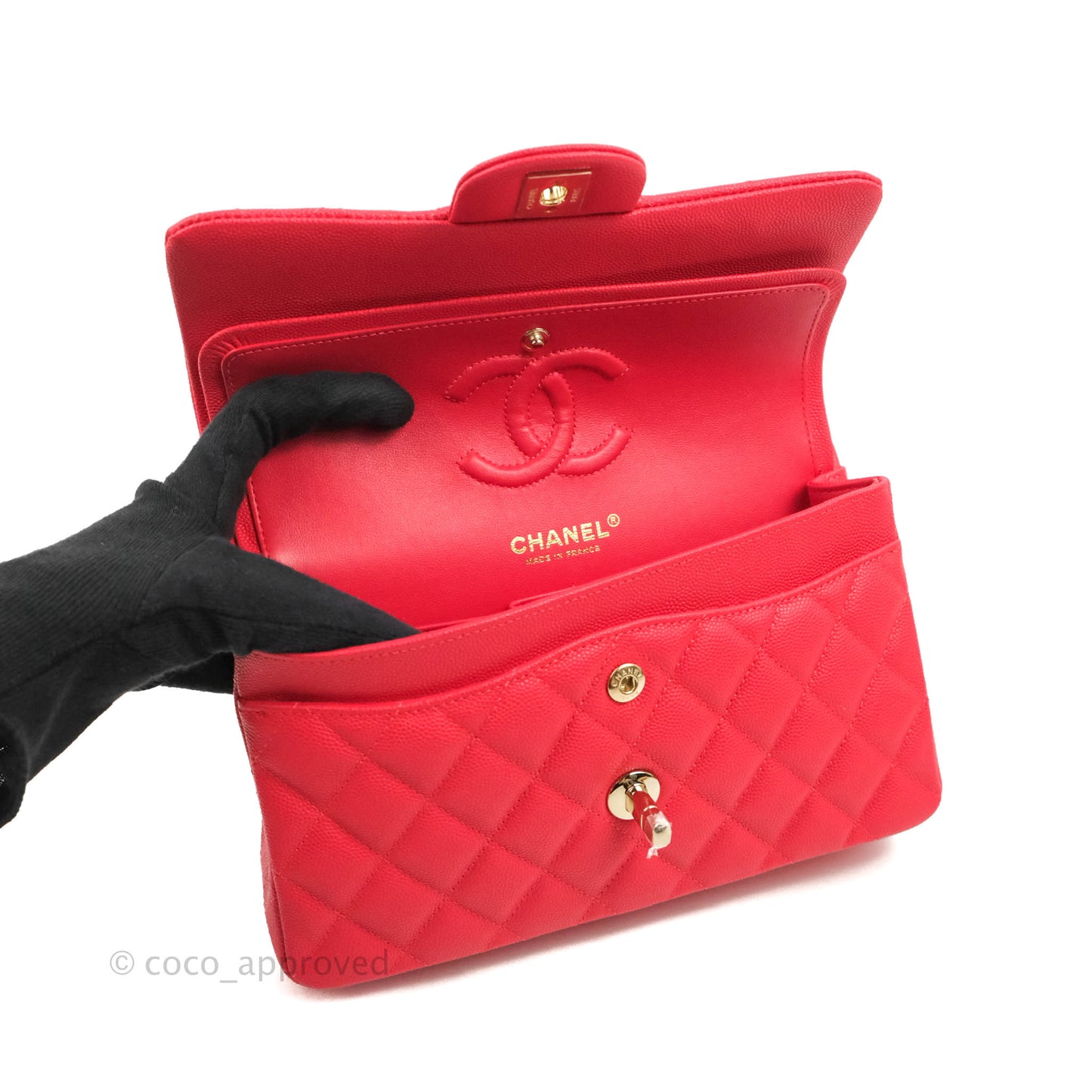 Chanel Small Classic Quilted Flap Red Caviar Gold Hardware