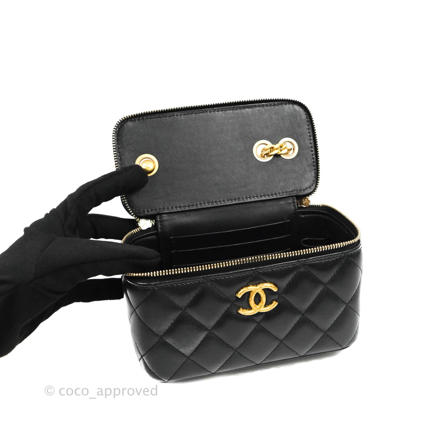 Chanel Vanity with Adjustable Chain Black Lambskin Aged Gold Hardware 22K