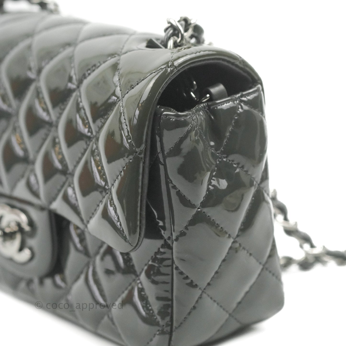 Chanel Quilted Mini Rectangular Dark Grey Patent Silver Hardware
