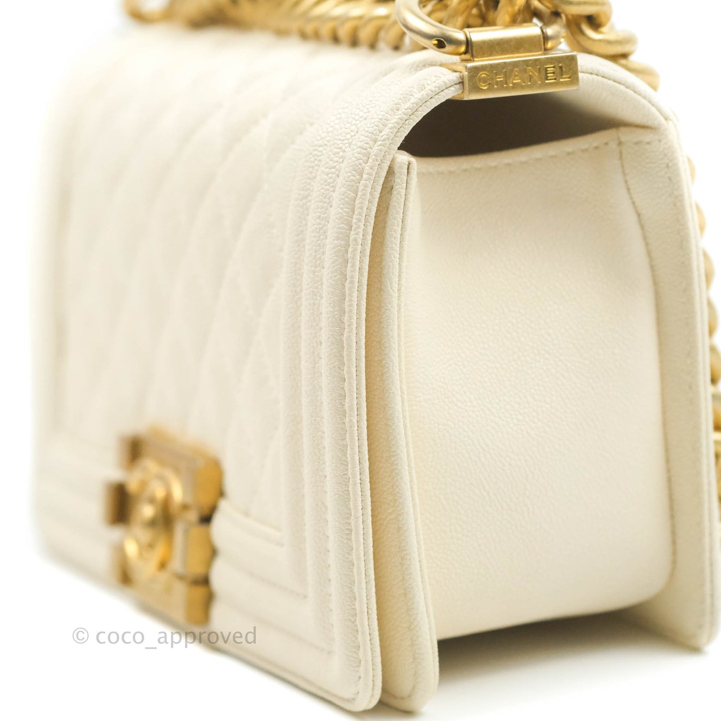 Chanel Boy Small Quilted White Caviar Aged Gold Hardware