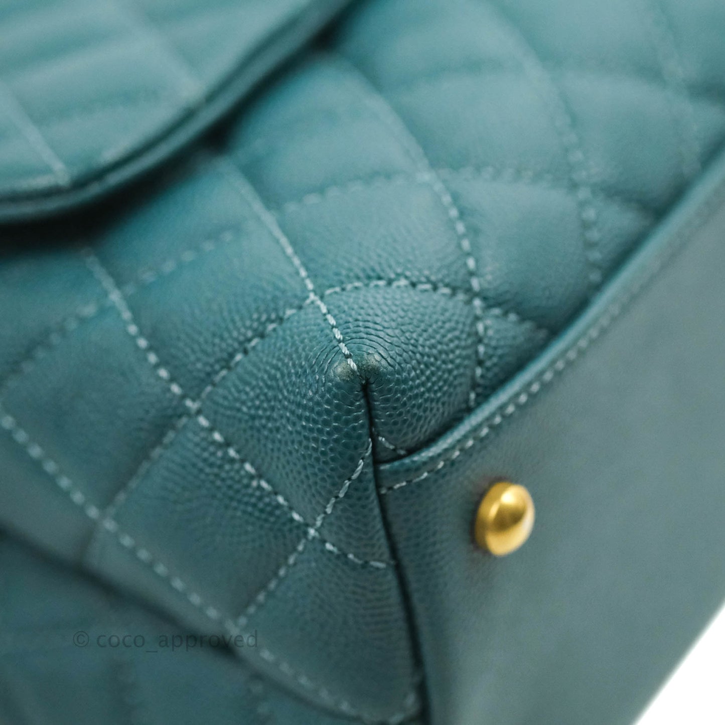 Chanel Medium Coco Handle Quilted Teal Caviar Lizard Handle Aged Gold Hardware