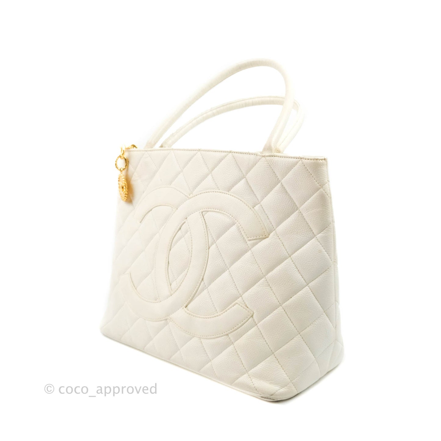 Chanel Vintage Medallion CC White Caviar Tote Bag Gold Hardware