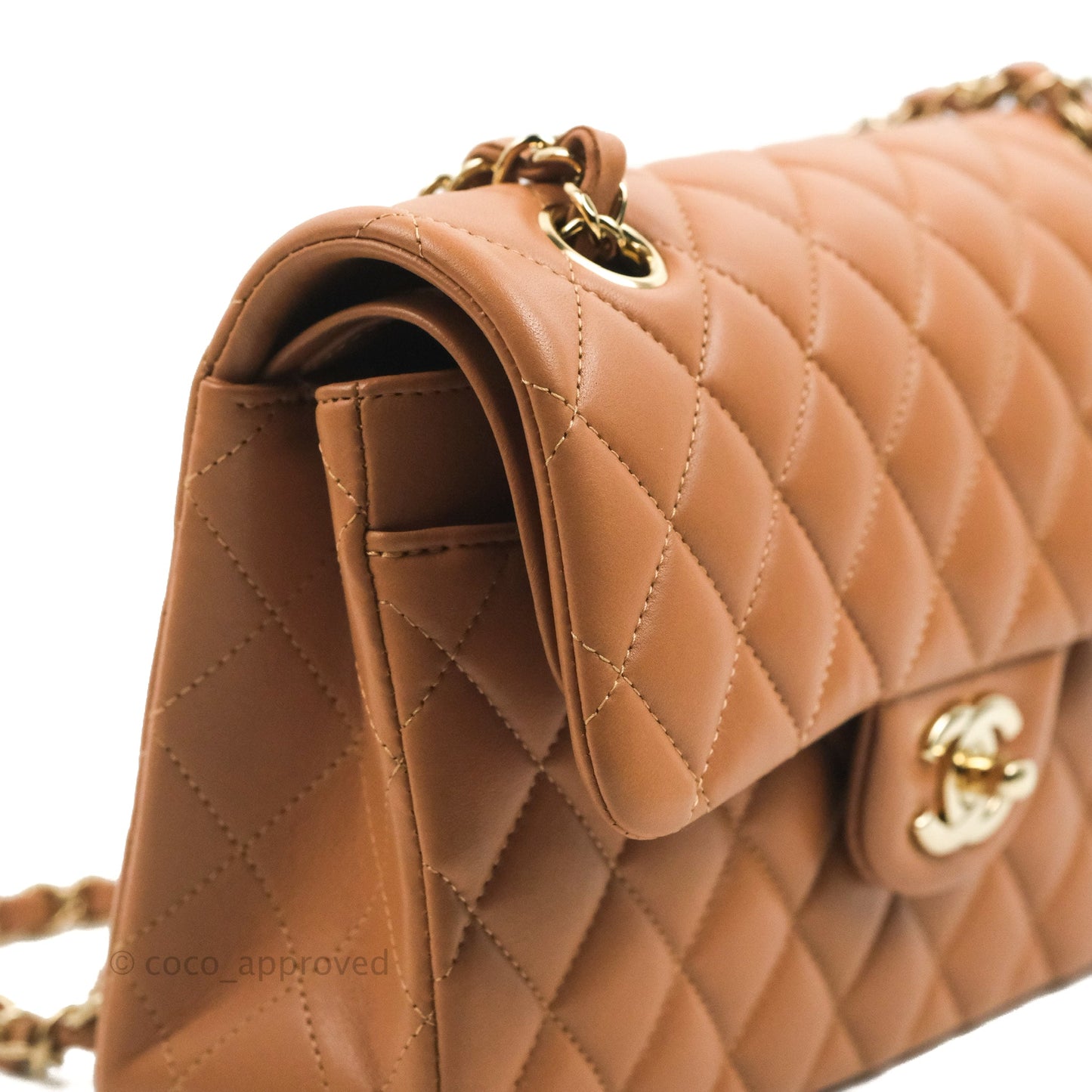 Chanel Small Classic Quilted Flap Dark Beige Caramel Lambskin Gold Hardware 21P