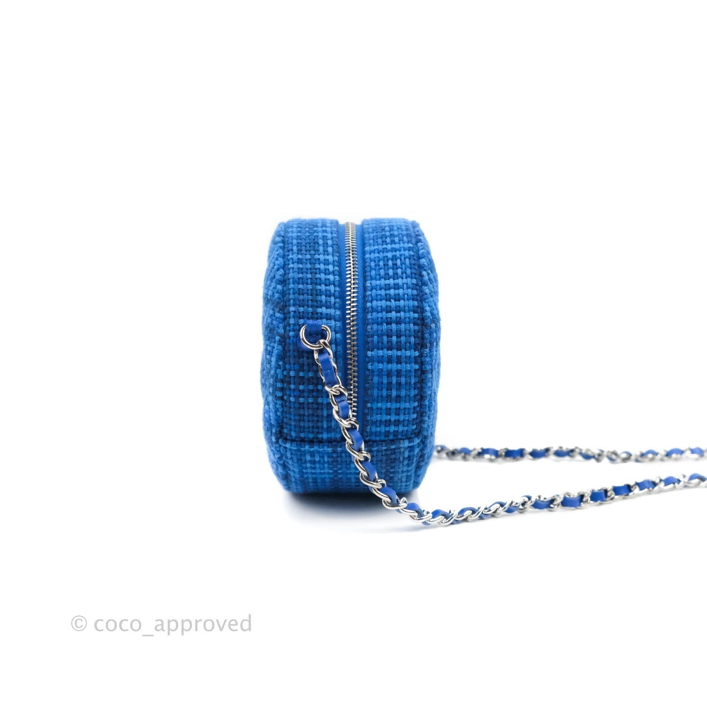 Chanel Quilted Round Clutch With Chain Blue Tweed Silver Hardware