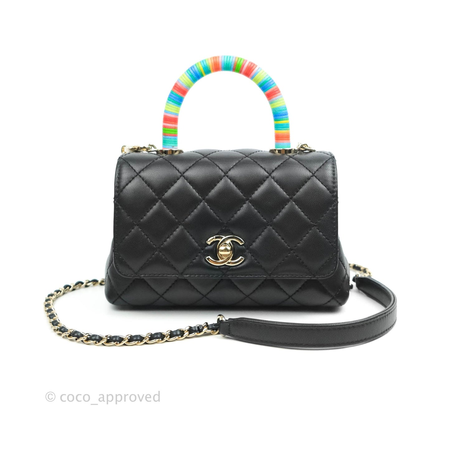 Chanel Quilted Mini Rainbow Coco Handle Bag Lambskin Black Gold Hardware