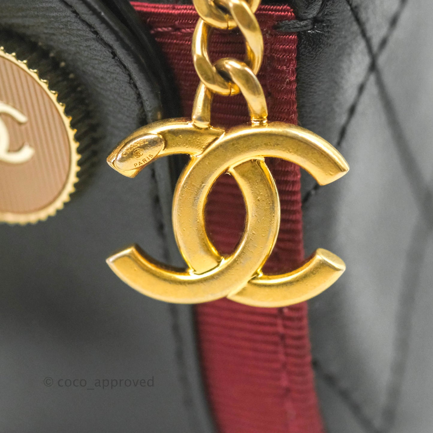 Chanel Small Button Up Camera Case Bag Black Calfskin Grosgrain Aged Gold Hardware