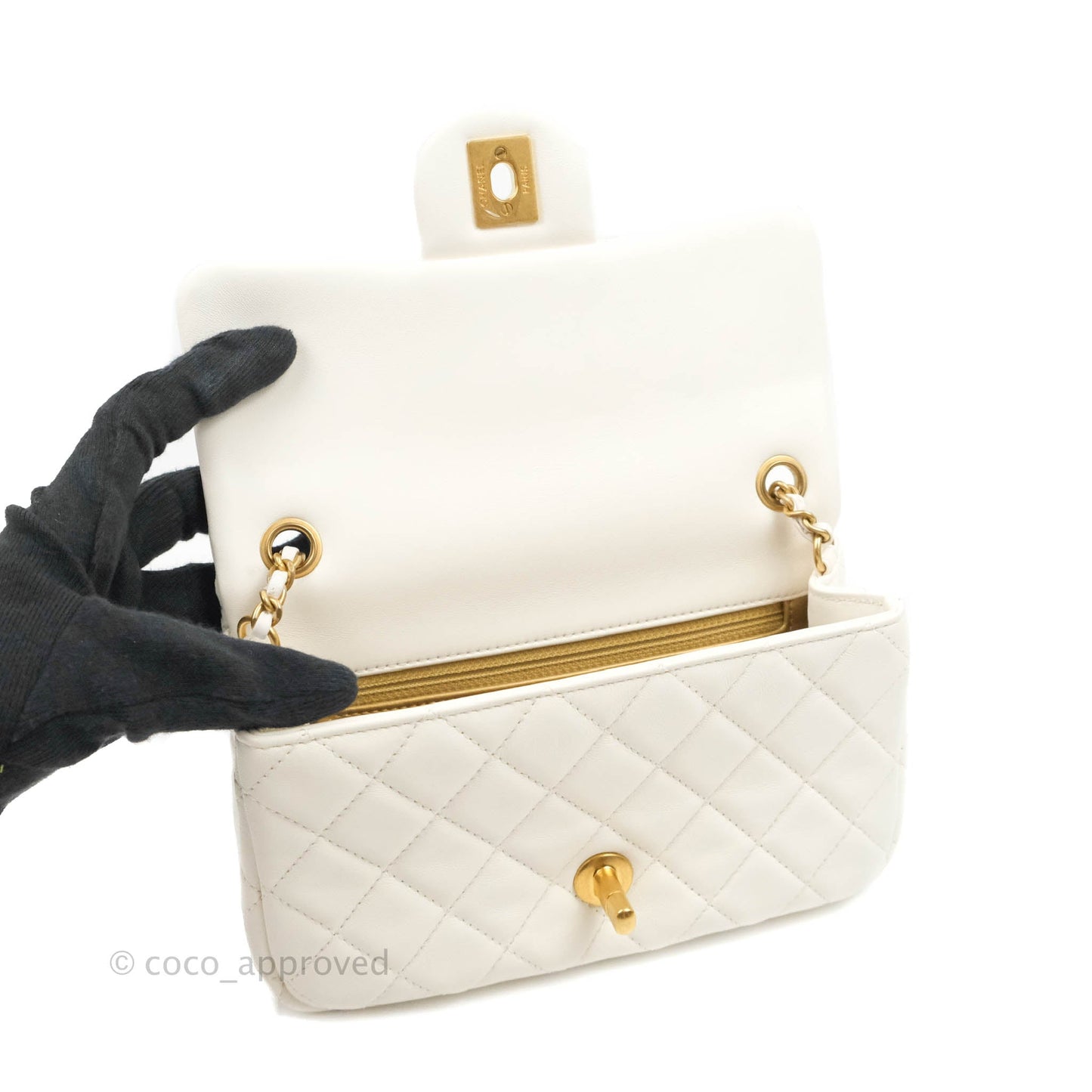 Chanel Mini Rectangular Pearl Crush Quilted White Lambskin Aged Gold Hardware