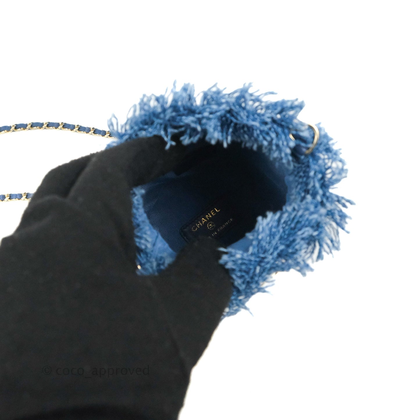 Chanel Mood Denim Mini Bucket Bag with Chain Blue Gold Hardware