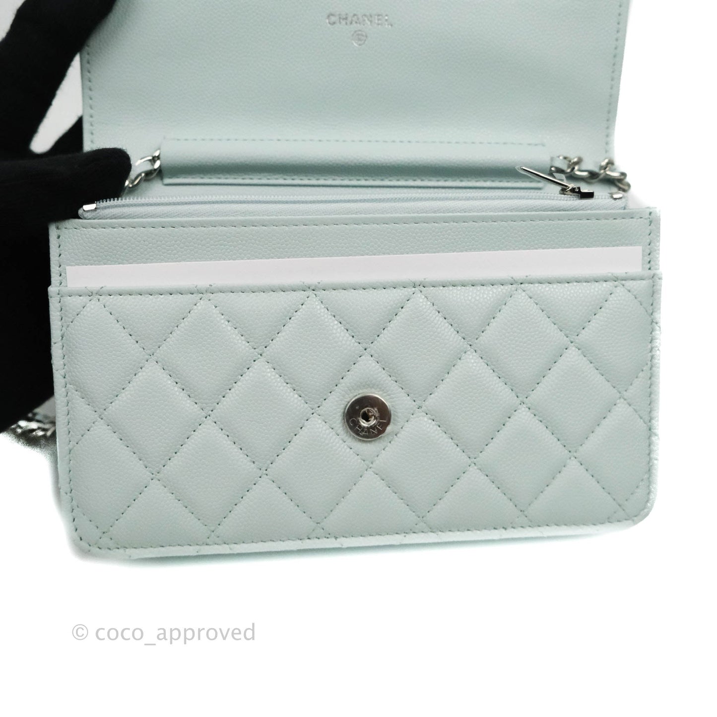 Chanel Quilted Classic Wallet on Chain WOC Light Blue Caviar Silver Hardware