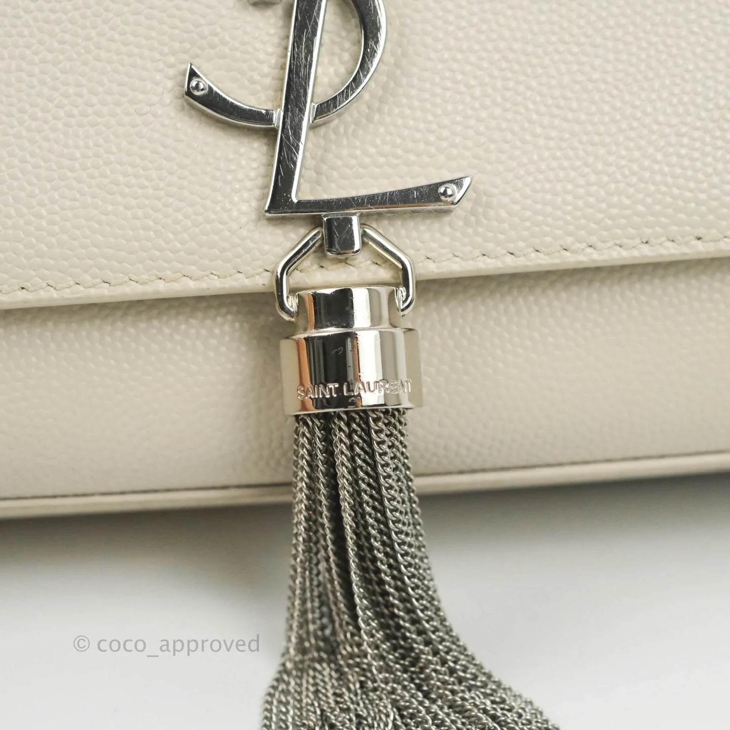 Saint Laurent Small Classic Monogram Kate Tassel Satchel White Grained Calfskin