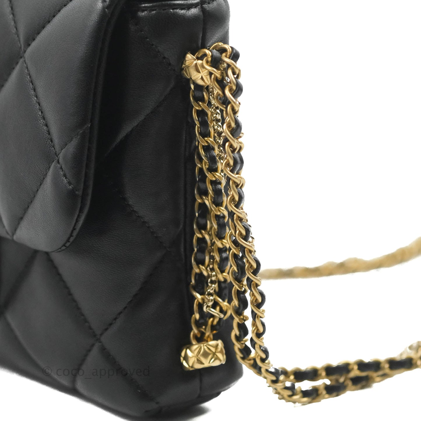 Chanel Mini Flap Bag With Pearl And Woven Chain CC Logo Black Lambskin Aged Gold Hardware 21B