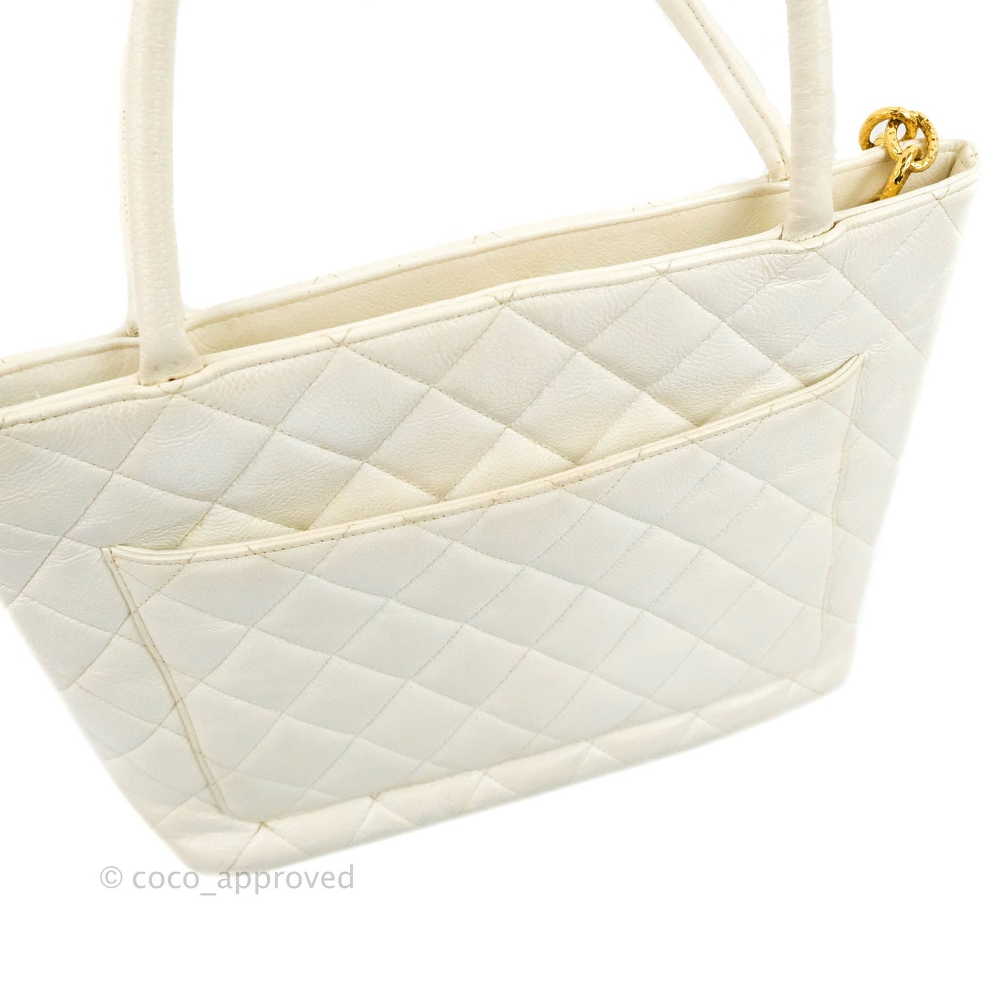 Chanel Vintage Medallion CC White Caviar Tote Bag Gold Hardware