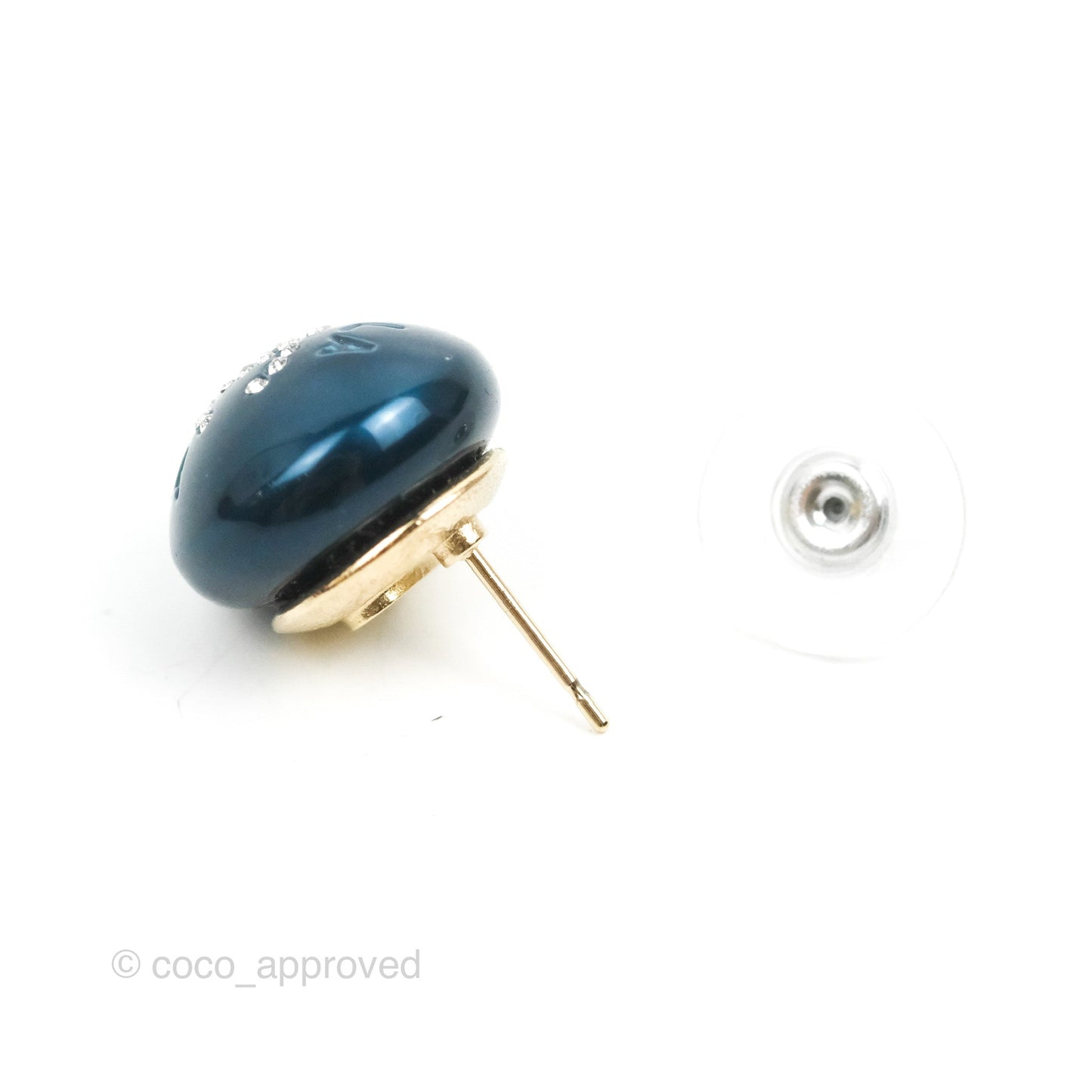 Chanel Crystal CC Blue Sphere Earrings Gold Tone 19C