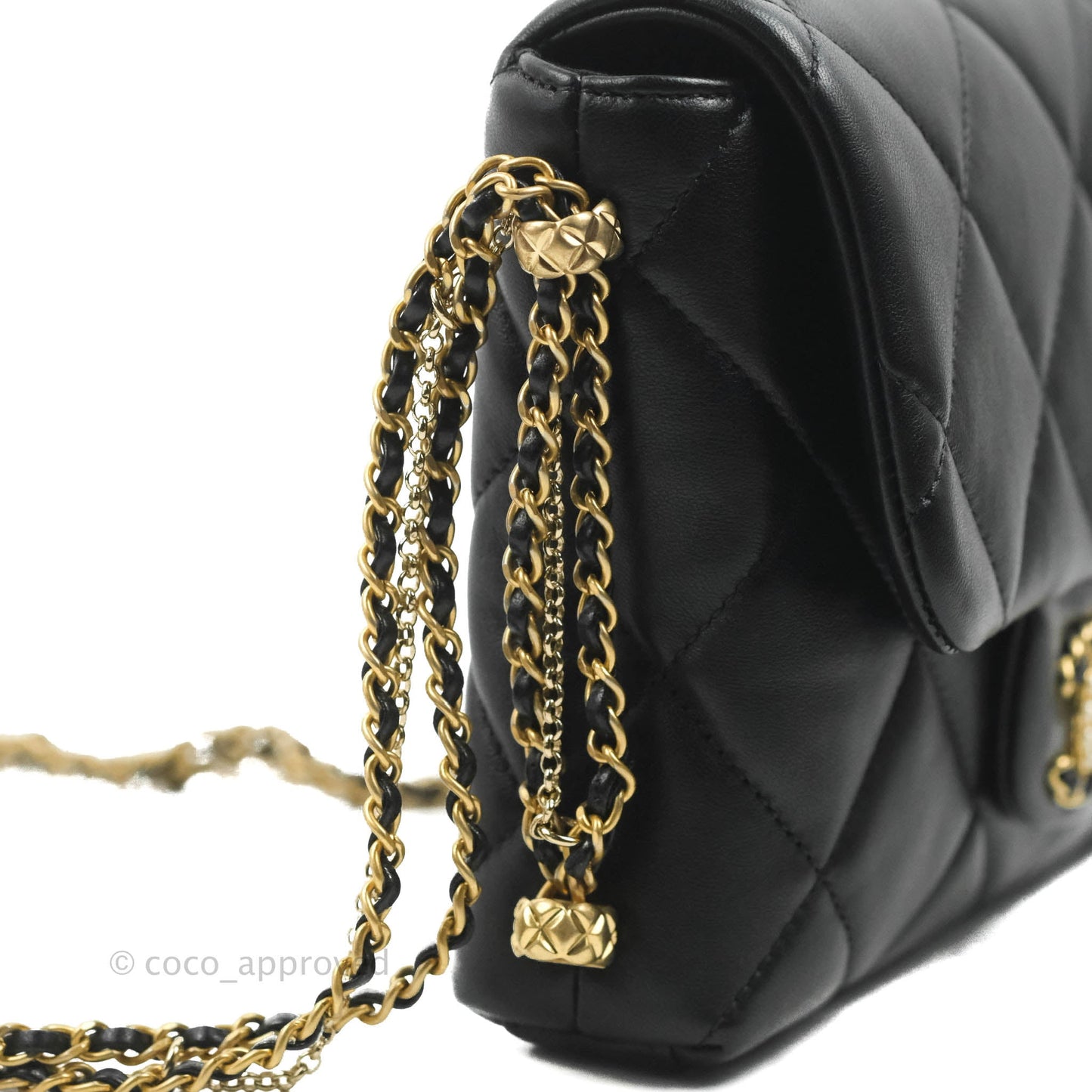 Chanel Mini Flap Bag With Pearl And Woven Chain CC Logo Black Lambskin Aged Gold Hardware 21B