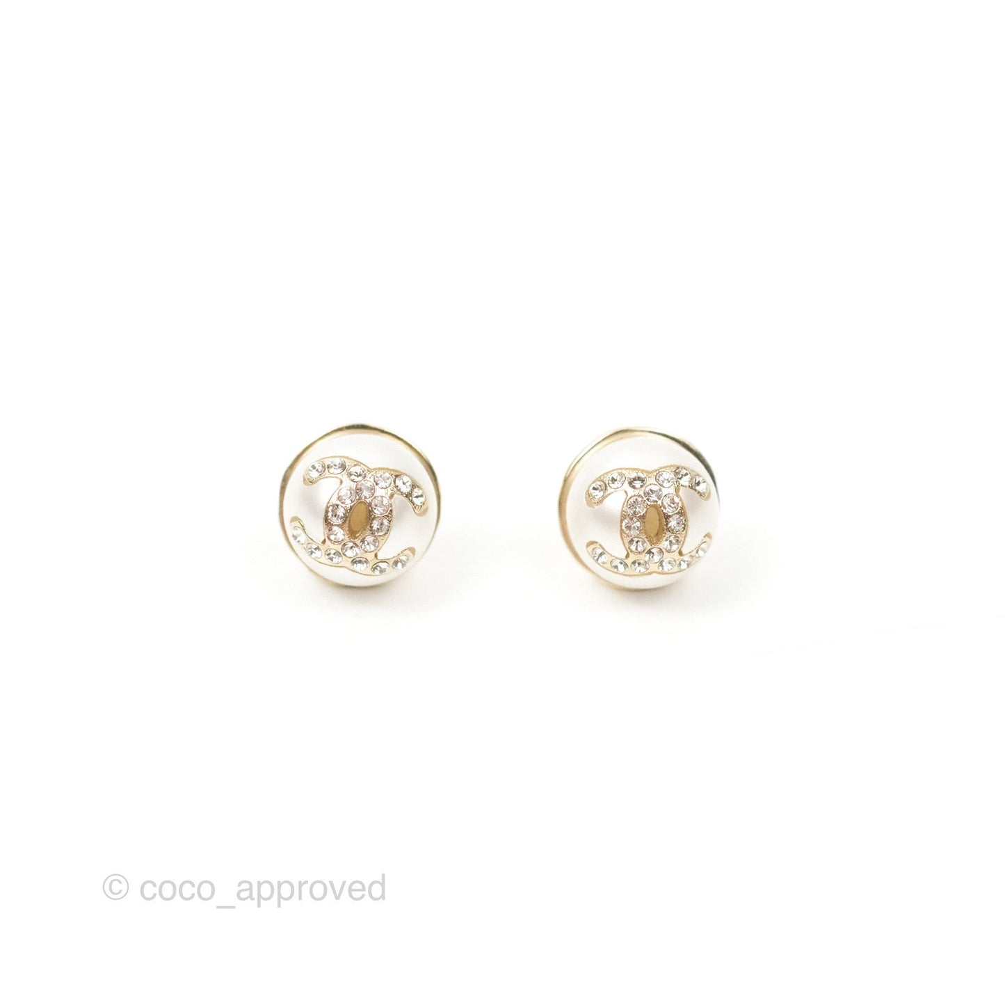 Chanel CC Pearl Rhinestone Earrings Gold Tone 21A