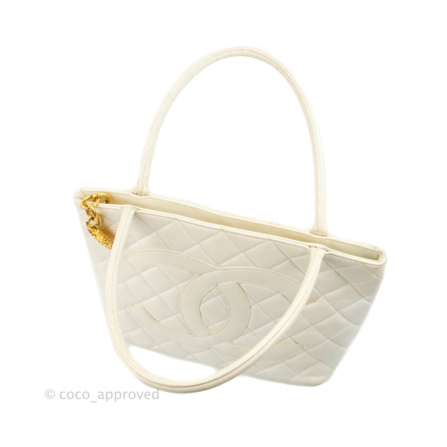 Chanel Vintage Medallion CC White Caviar Tote Bag Gold Hardware