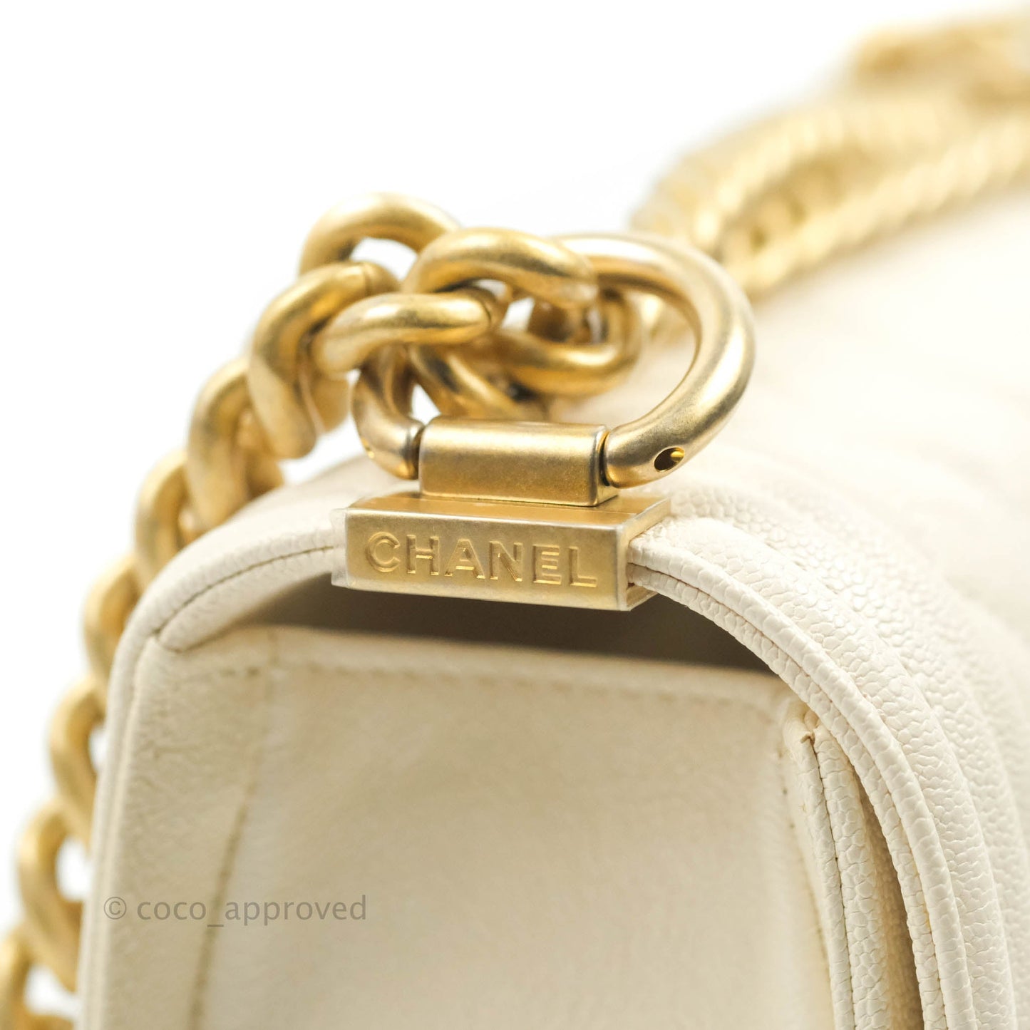 Chanel Boy Small Quilted White Caviar Aged Gold Hardware