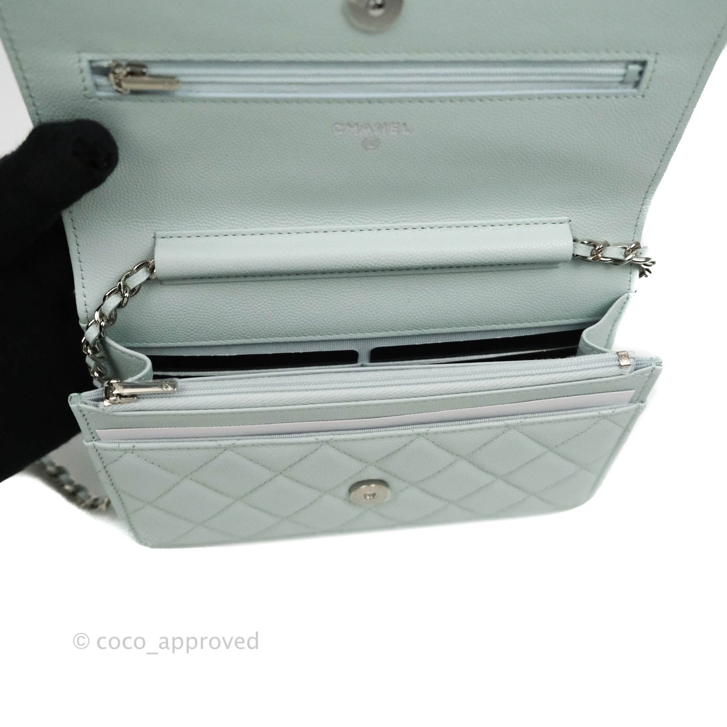Chanel Quilted Classic Wallet on Chain WOC Light Blue Caviar Silver Hardware