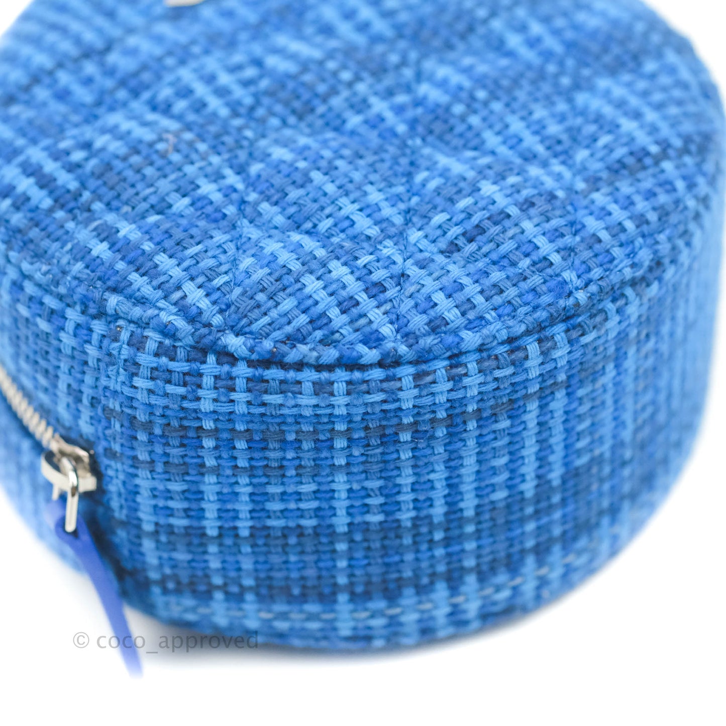 Chanel Quilted Round Clutch With Chain Blue Tweed Silver Hardware