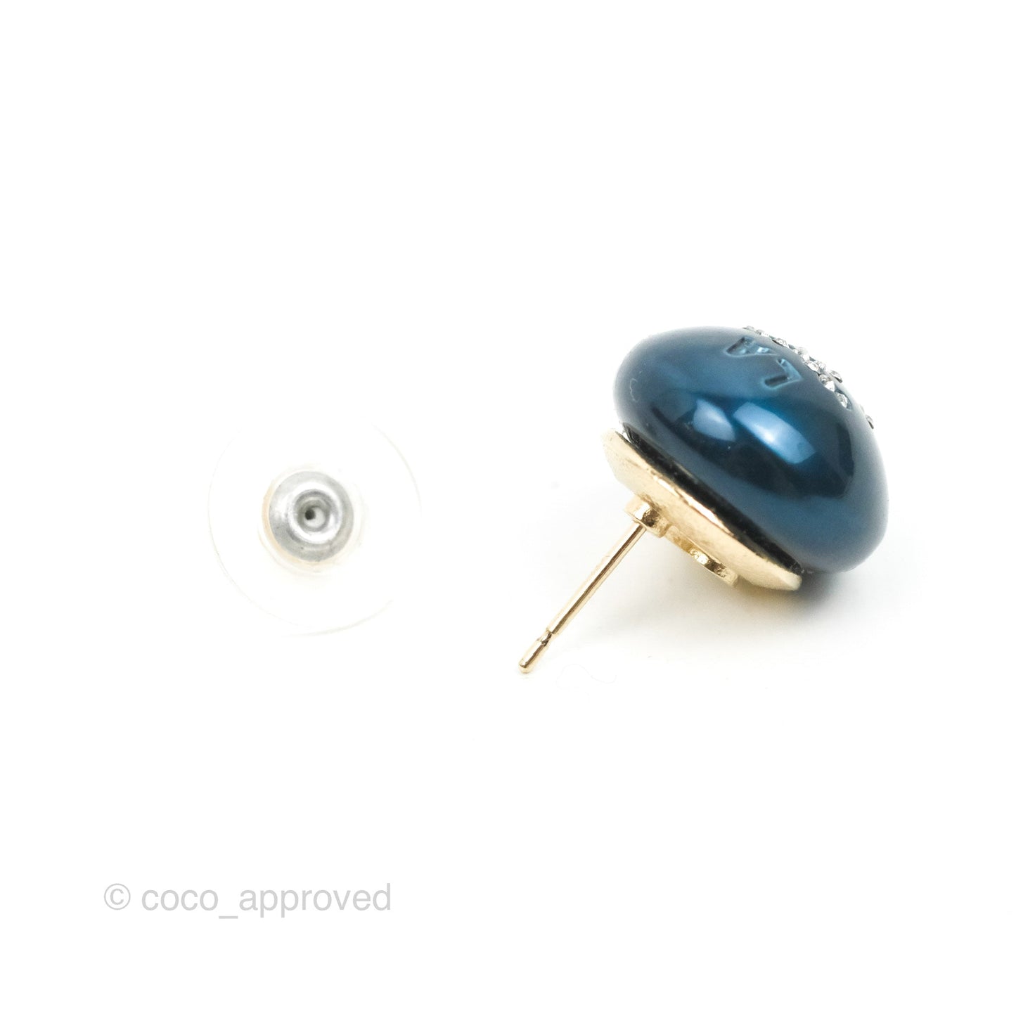Chanel Crystal CC Blue Sphere Earrings Gold Tone 19C
