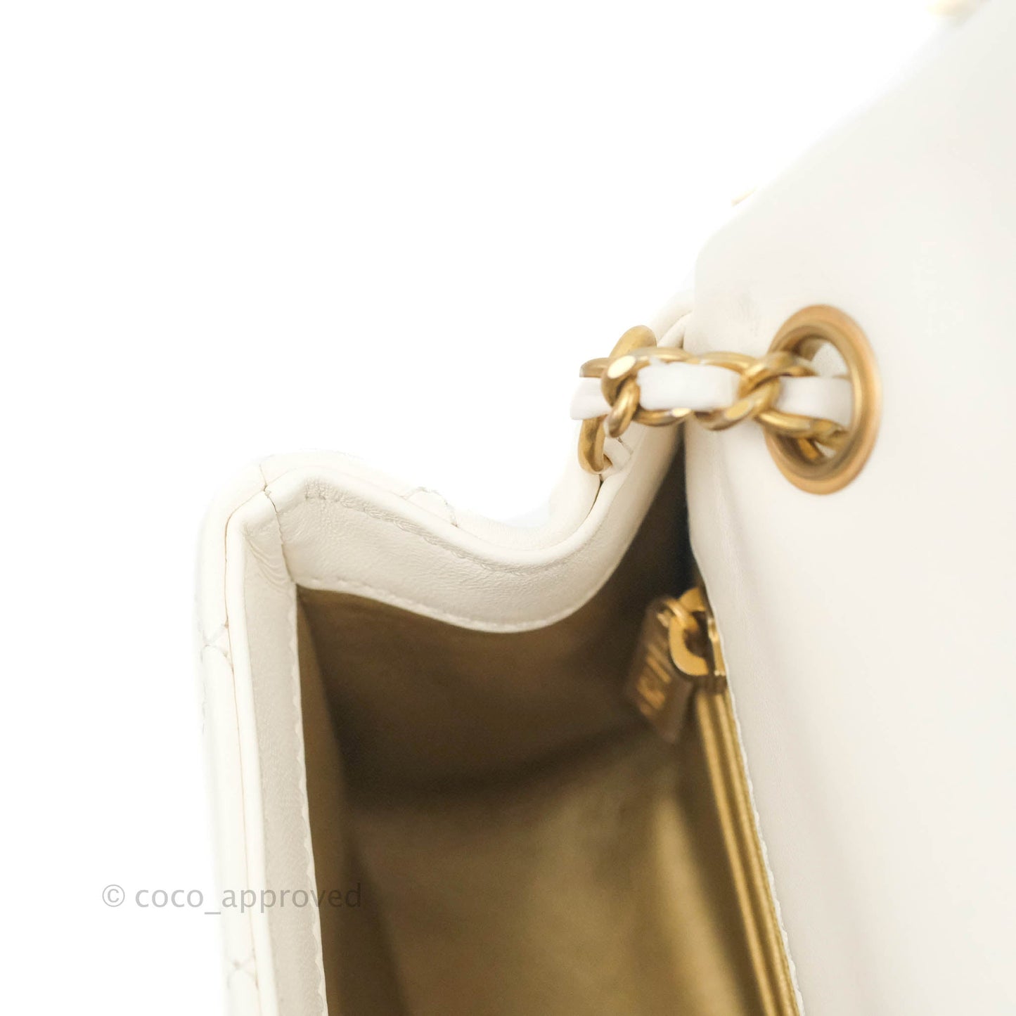 Chanel Mini Rectangular Pearl Crush Quilted White Lambskin Aged Gold Hardware