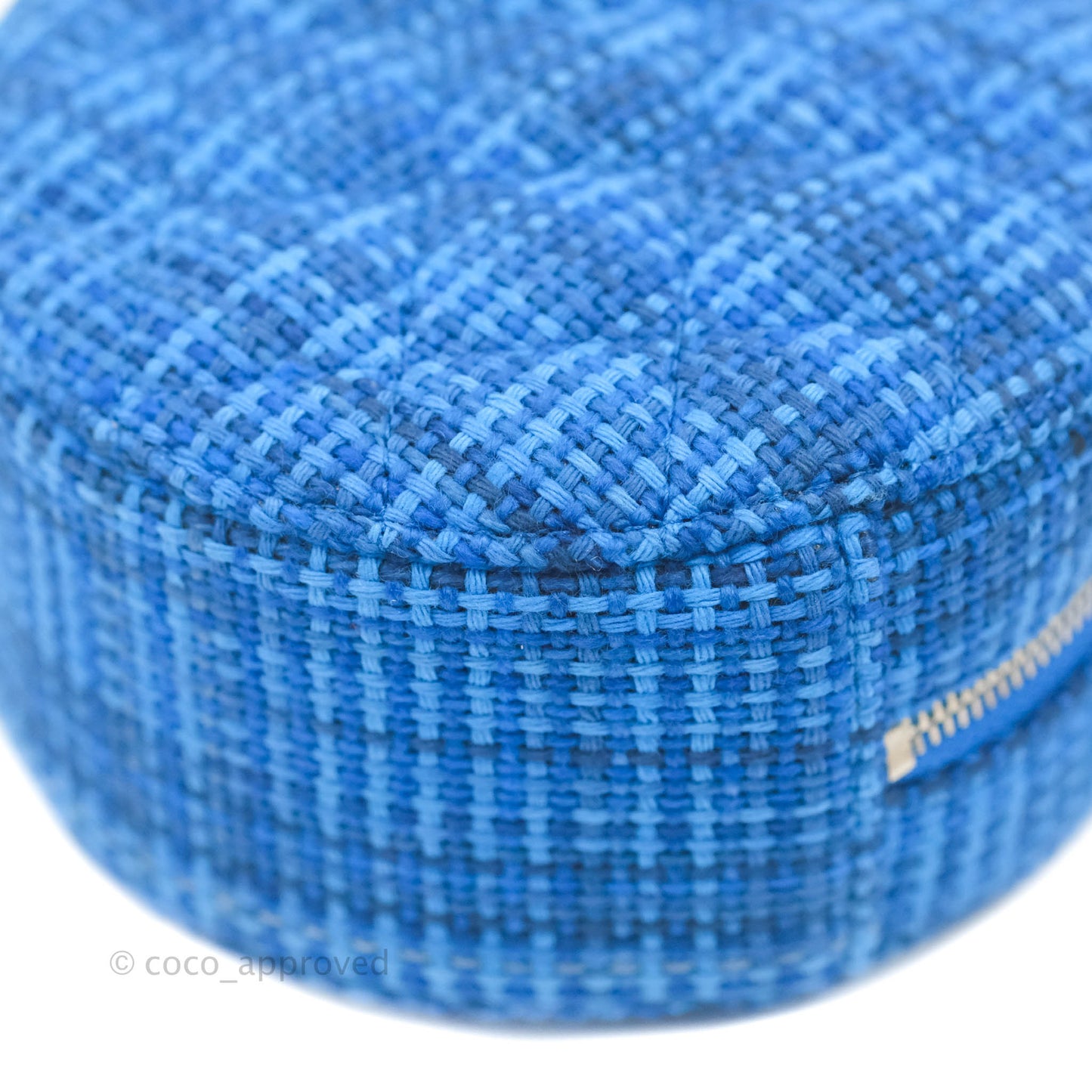 Chanel Quilted Round Clutch With Chain Blue Tweed Silver Hardware