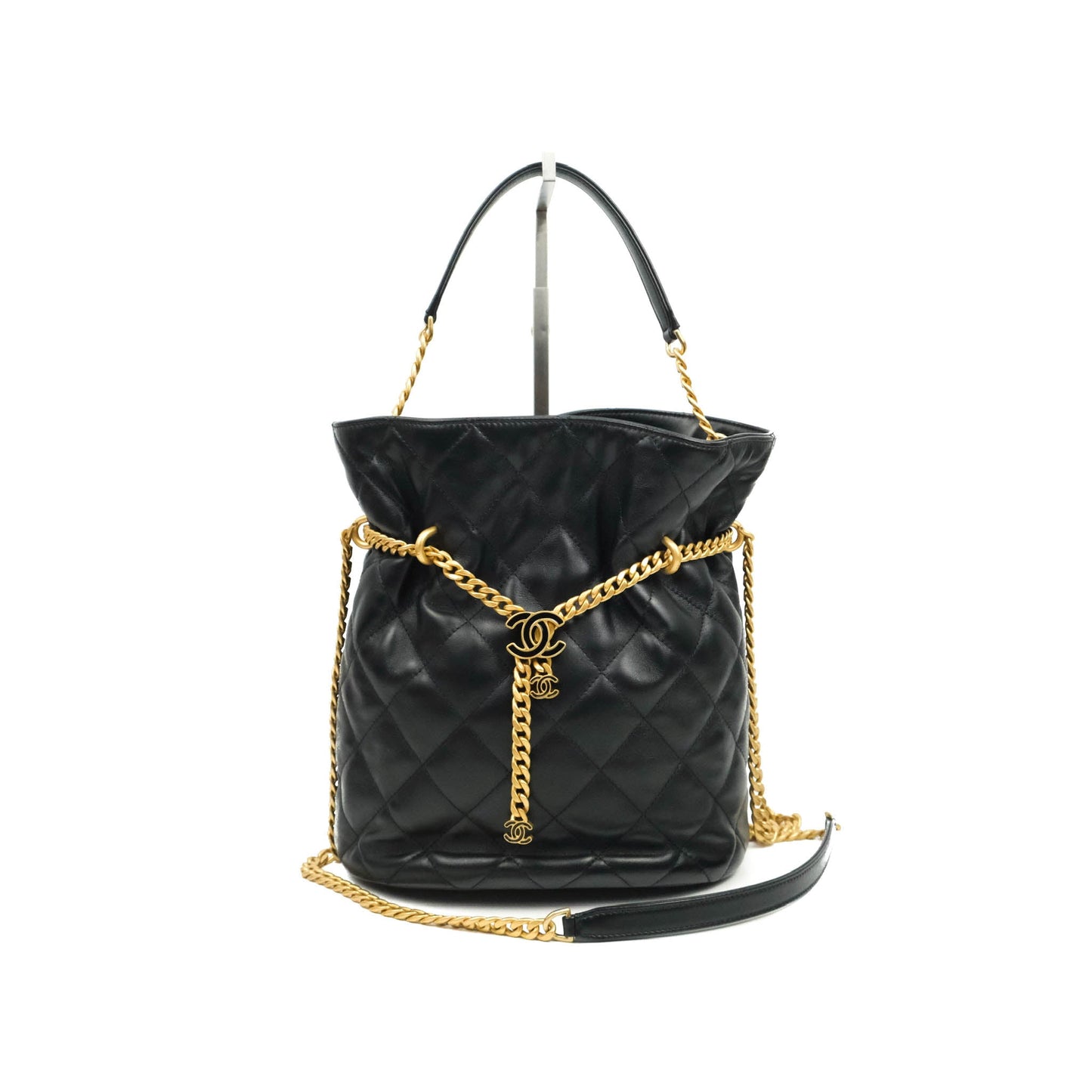 Chanel Enamel CC Bucket Bag Black Lambskin Gold Hardware 22S