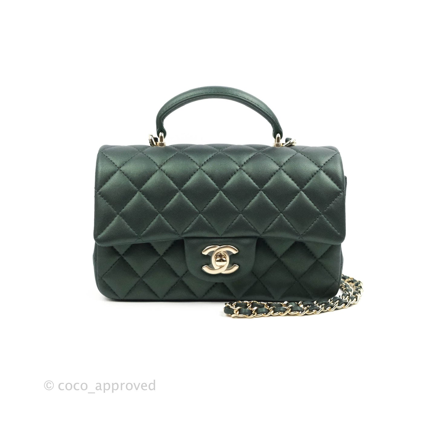Chanel Top Handle Mini Rectangular Flap Bag Iridescent Green Lambskin Gold Hardware 22A