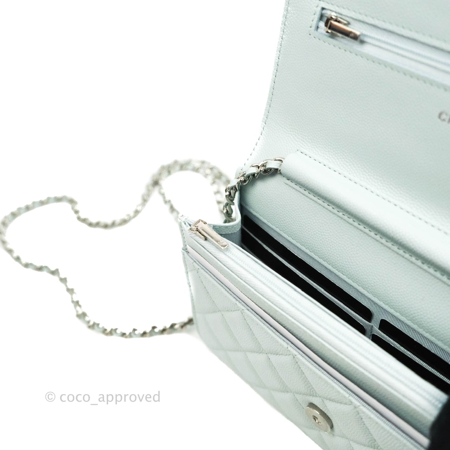 Chanel Quilted Classic Wallet on Chain WOC Light Blue Caviar Silver Hardware