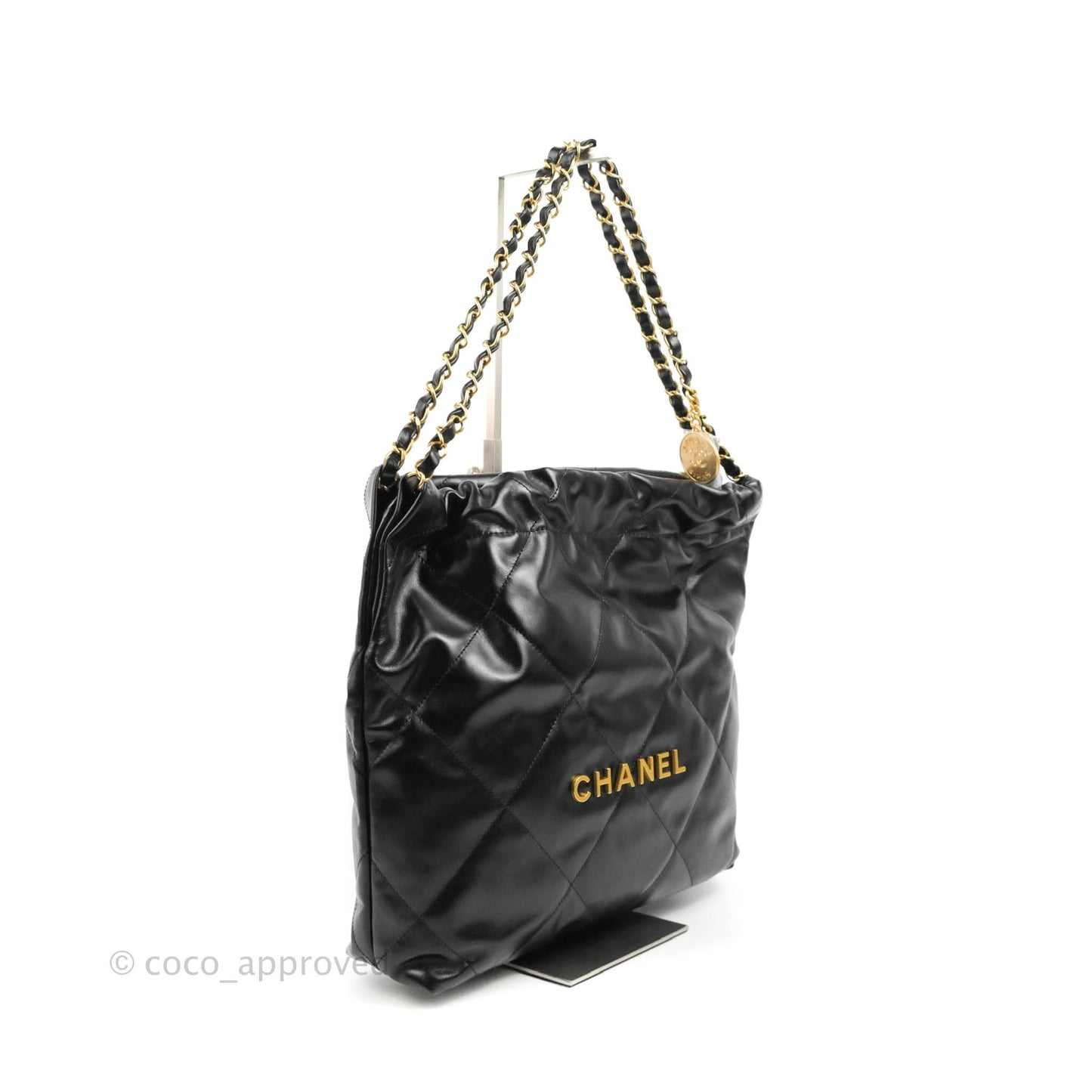 Chanel 22 Small Black Shiny Calfskin Aged Gold Hardware