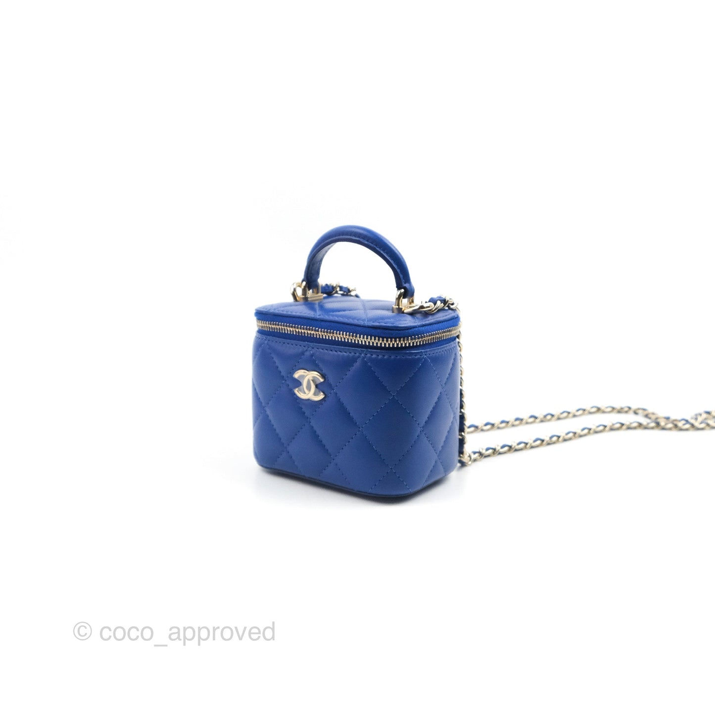 Chanel Mini Top Handle Vanity With Chain Blue Lambskin Gold Hardware