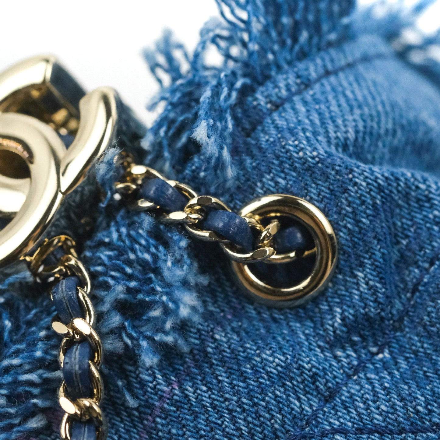 Chanel Mood Denim Mini Bucket Bag with Chain Blue Gold Hardware