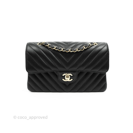 Chanel Classic Chevron S/M Small Double Flap Black Lambskin Gold Hardware