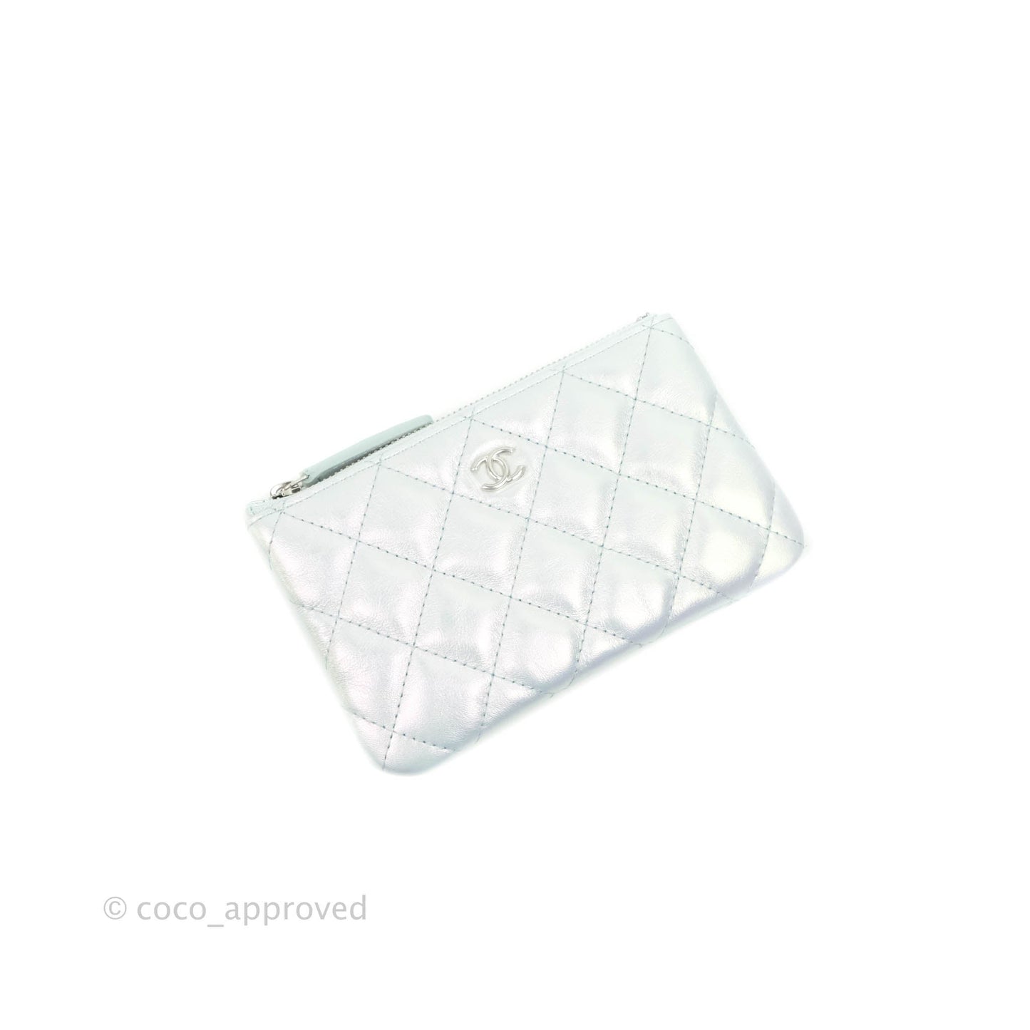 Chanel Mini Quilted O Case Iridescent Icy Blue Calfskin Silver Hardware