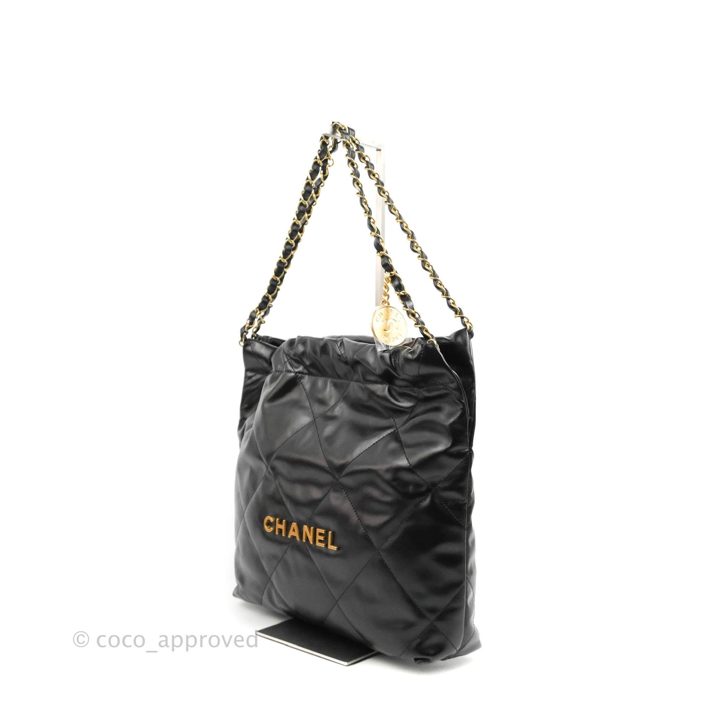 Chanel 22 Small Black Shiny Calfskin Aged Gold Hardware