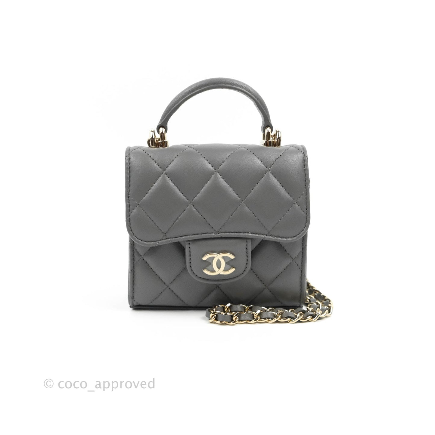 Chanel Mini Handle Clutch With Chain Grey Lambskin Gold Hardware