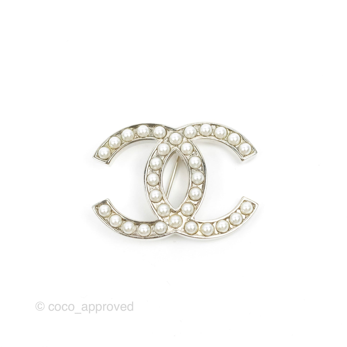 Chanel CC Pearl Brooch Silver Tone 13V