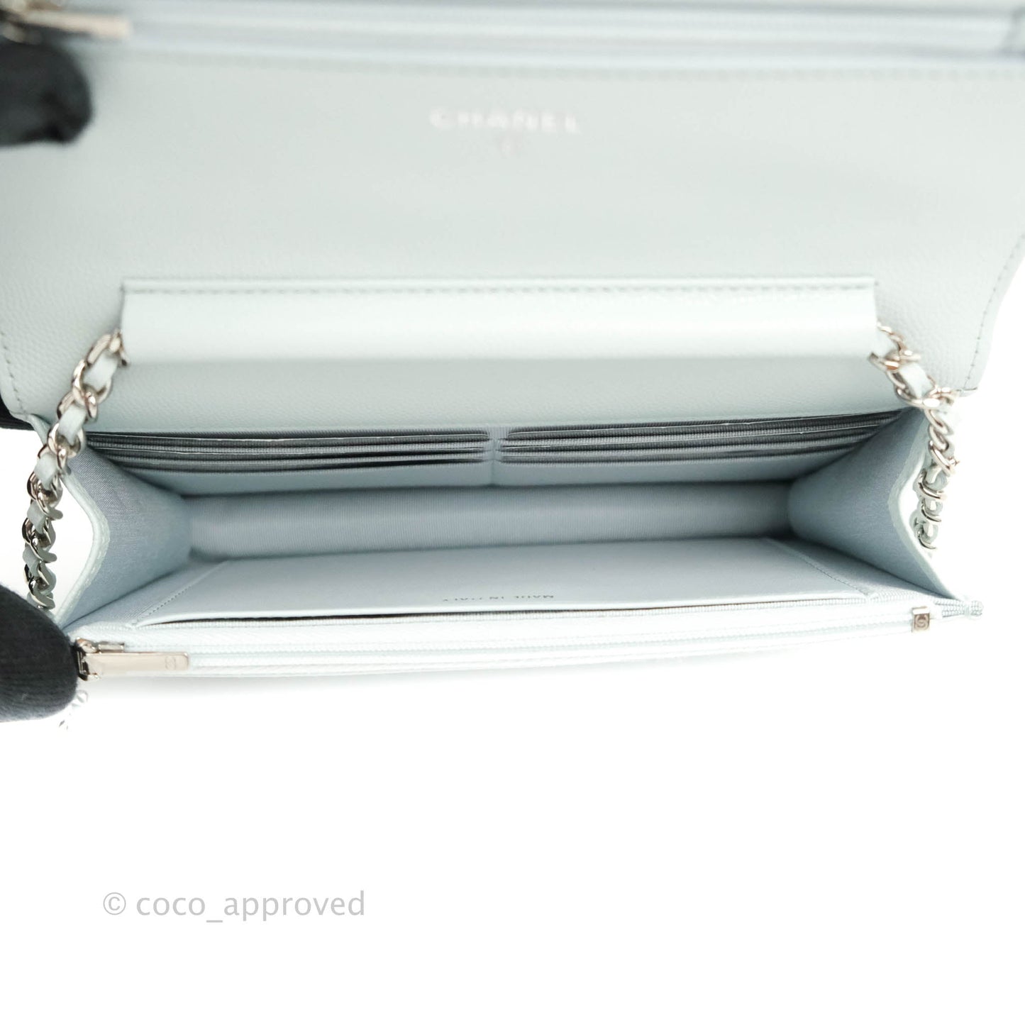 Chanel Quilted Classic Wallet on Chain WOC Light Blue Caviar Silver Hardware