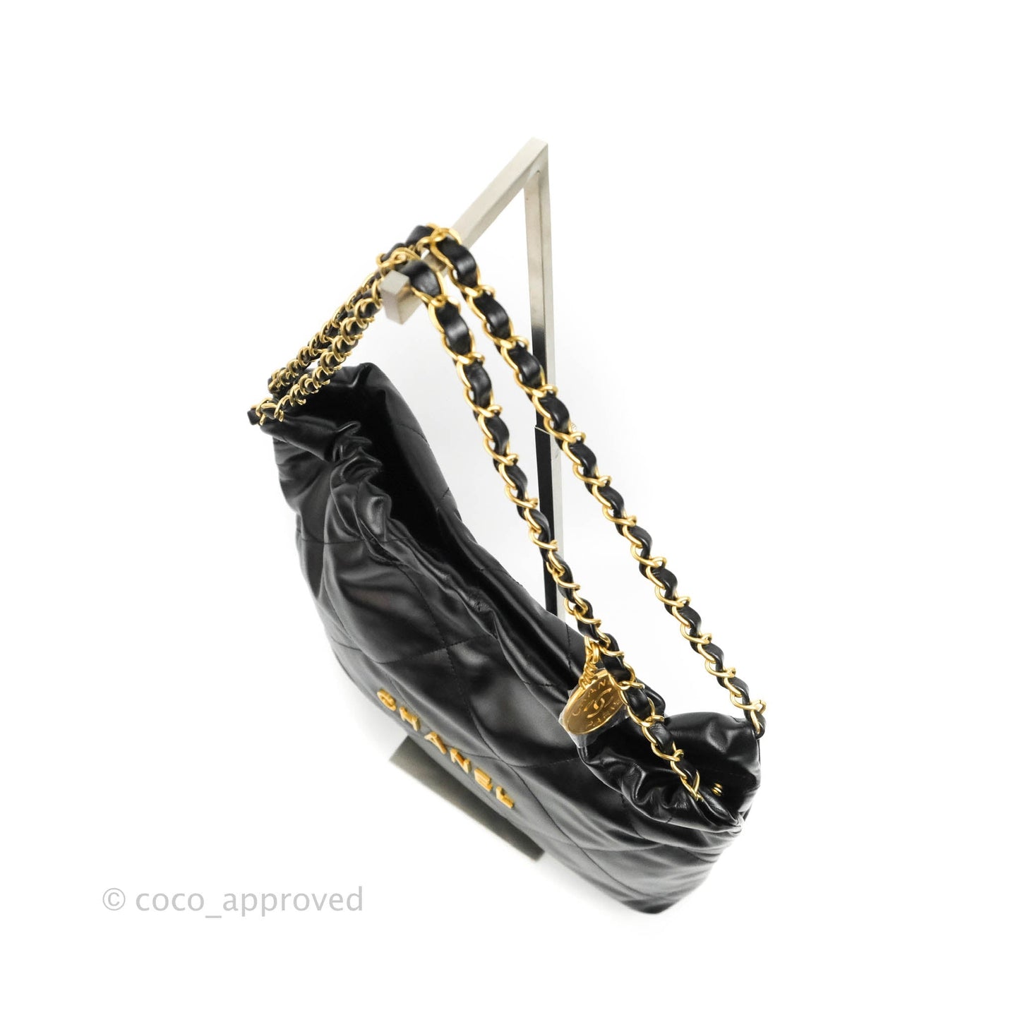 Chanel 22 Small Black Shiny Calfskin Aged Gold Hardware
