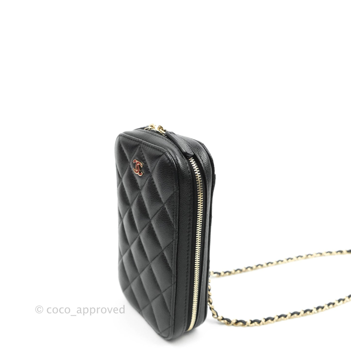 Chanel Quilted WOC Phone Holder Black Caviar Gold Hardware