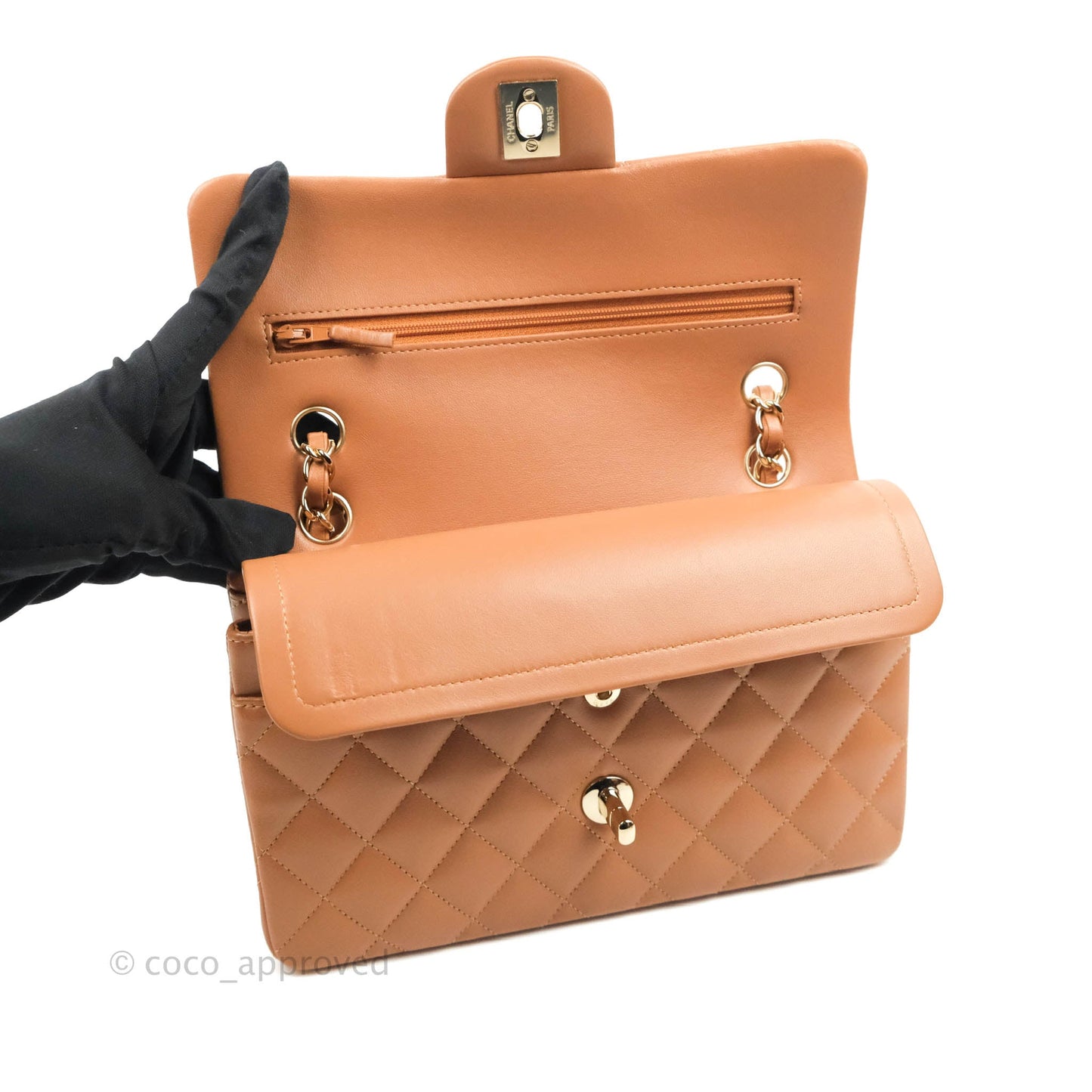 Chanel Classic Small S/M Flap Dark Beige Caramel Lambskin Gold Hardware 22S